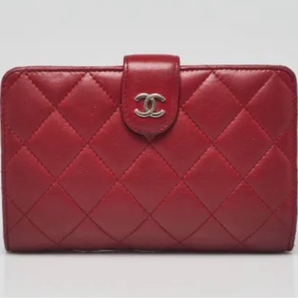 Chanel Red Quilted Lambskin Leather L-Zip Compact French Purse Wallet